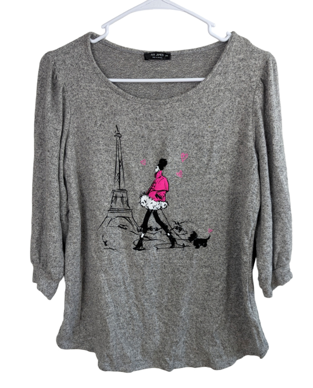 Ava James Womens Petite Grey Soft Paris Love 3/4 Sleeve Top Size PM NWT